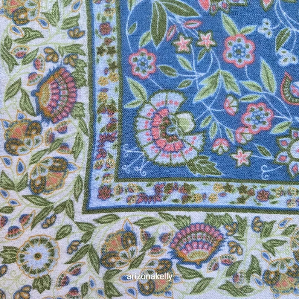 Square Wool Blue Scarf With Leaves and Flowers
